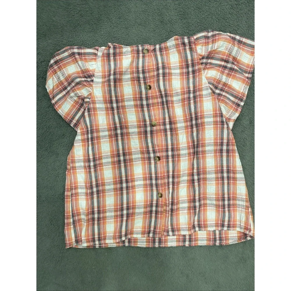 Loft Plaid Cotton Blouse Shirred Neck Puff Sleeve Button Back Orange Red M